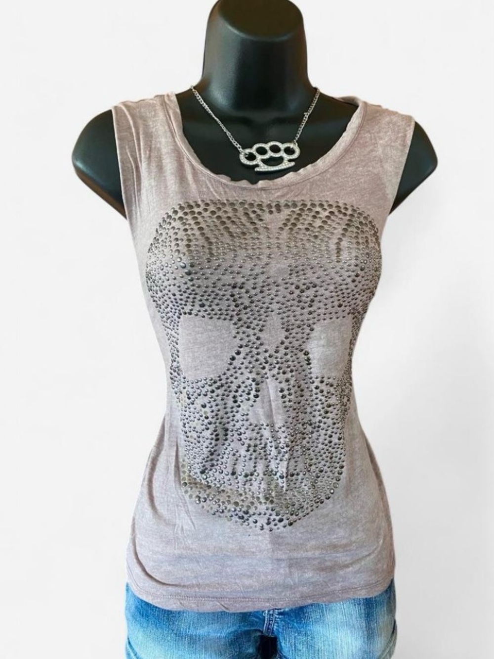 Y2k Dolled Up Rose Pink Tank Top with Studded Skull Design